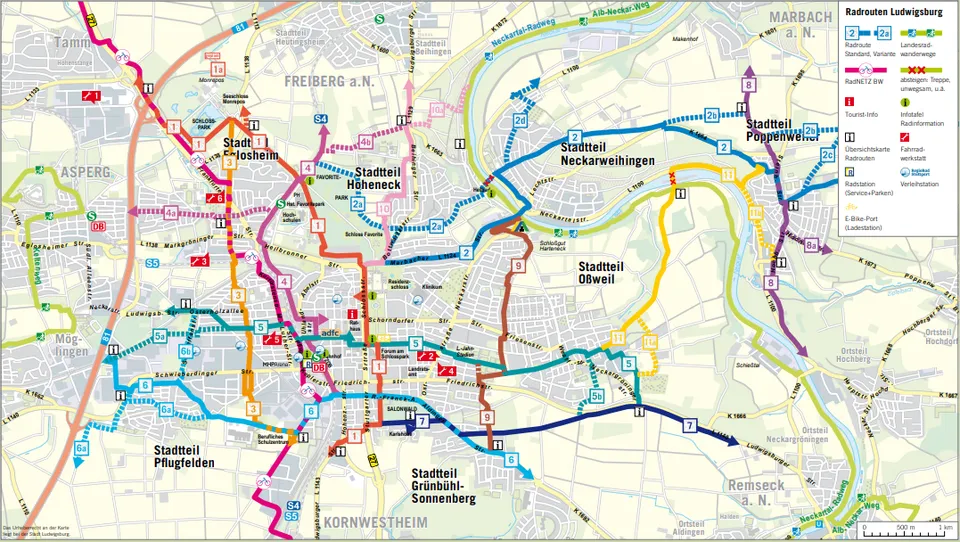 Bestehendes Radroutennetz der Stadt Ludwigsburg.